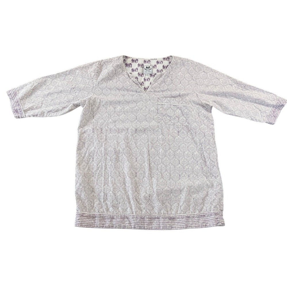 Sue Anu Womens Medium Purple White Cotton Block Print Tunic Top Boho V-Neck